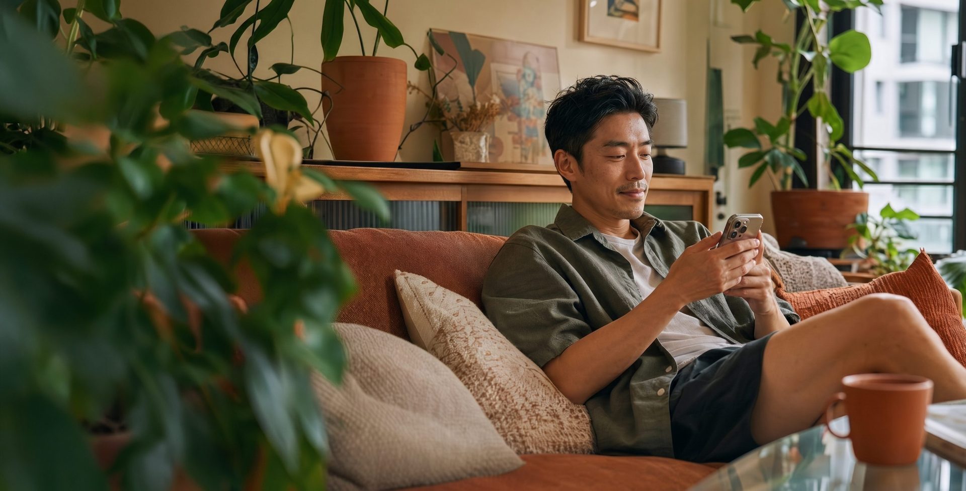 A man relaxing on a sofa looking at his phone
