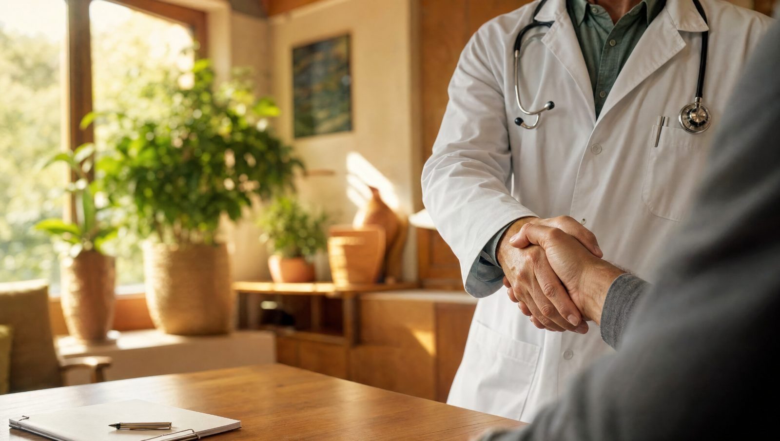 A doctor shaking hands with a patient in a warm consulting room